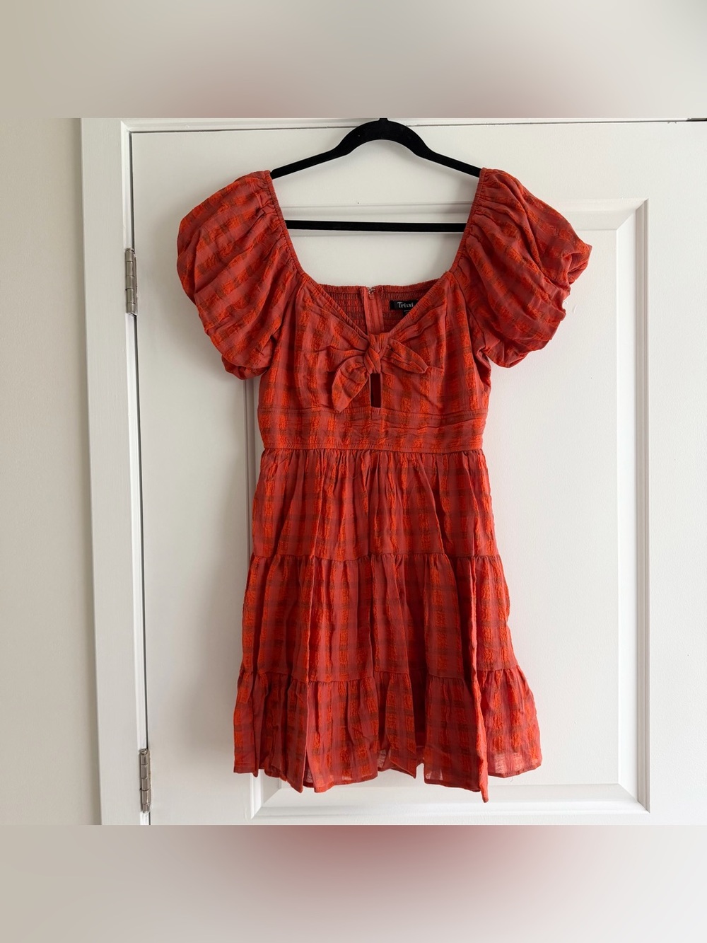 Trixxi Francesca’s Orange Plaid Puff Sleeve Mini Dress NWT